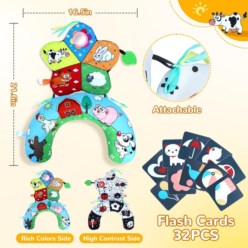 USATDD Tummy Time Pillow, High Contrast Tummy Time Mat with Black & White Flash Cards, Double-Sided Tummy Time Cushion with Mirror & Teether Sensory Toys, Baby Toys for Infant Newborn 0-12 Months Babies - Image 2